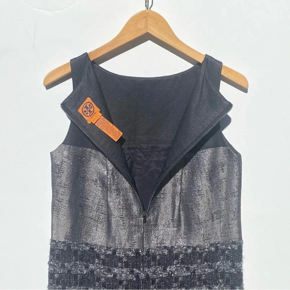TORY BURCH Women’s Black and Silver Metallic Mixed Media Sleeveless Sheath Dress - Picture 6 of 8